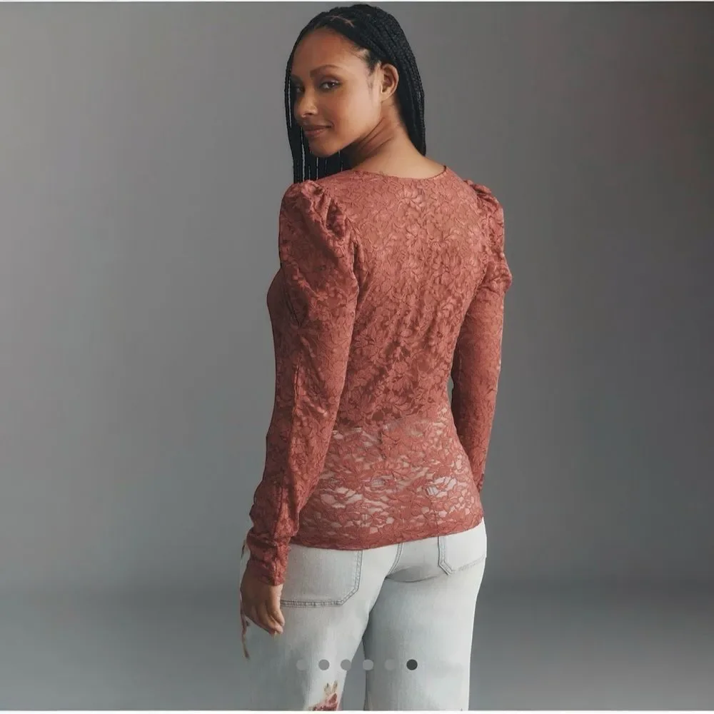 NWT Anthropologie Puff-Sleeve Sheer Lace Top Pink Size Small